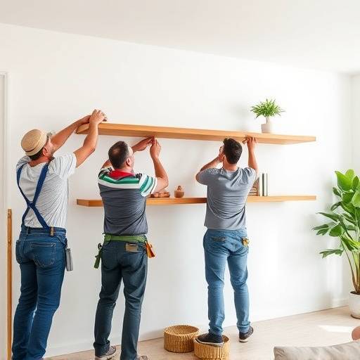 Artisans installant un nouveau meuble dans un salon