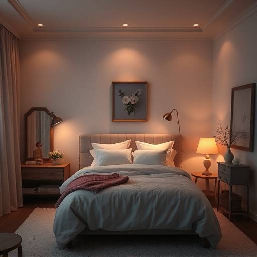 Chambre &radic;&dagger; coucher apaisante avec un lit confortable, des tons pastel et une lumi&radic;&reg;re tamis&radic;&copy;e