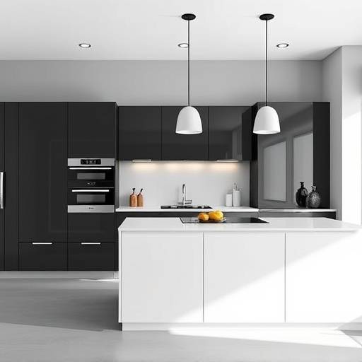 Cuisine minimaliste et fonctionnelle avec des appareils int&radic;&copy;gr&radic;&copy;s et un &radic;&AElig;lot central