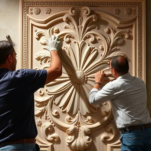 Des artisans installant soigneusement un panneau mural d&eacute;coratif