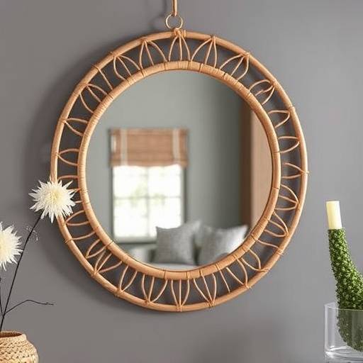 Miroir mural rond 'Soleil Levant' cadre en rotin naturel