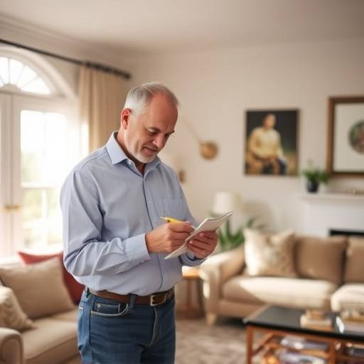 Un expert Home Comfort prenant des mesures et des notes dans un salon